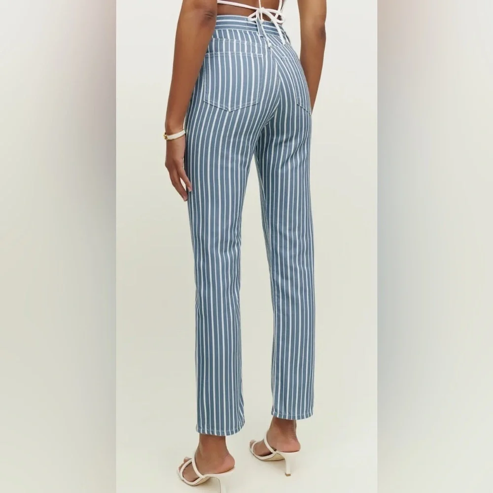 Reformation Cynthia Striped High Rise Straight Jeans Metro Wash Blue & White 29